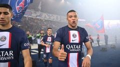 Paris Saint-Germain's French forward Kylian Mbappe gives a thumb up at the end of the French L1 football match between Paris Saint-Germain (PSG) and Olympique de Marseille (OM) at the Parc des Princes Stadium in Paris, on October 16, 2022.