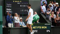 El tenista estadounidense Taylor Fritz abandona la Pista Central de Wimbledon tras perder en cuartos de final ante Rafa Nadal.