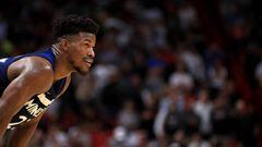 MIAMI, FL - OCTOBER 30: Jimmy Butler #23 of the Minnesota Timberwolves looks on during a game against the Miami Heat at American Airlines Arena on October 30, 2017 in Miami, Florida. NOTE TO USER: User expressly acknowledges and agrees that, by downloading and or using this photograph, User is consenting to the terms and conditions of the Getty Images License Agreement.   Mike Ehrmann/Getty Images/AFP == FOR NEWSPAPERS, INTERNET, TELCOS &amp; TELEVISION USE ONLY ==