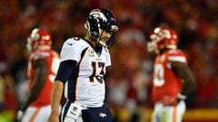 KANSAS CITY, MO - OCTOBER 30: Quarterback Trevor Siemian #13 of the Denver Broncos walks off the field after throwing an interception during the game against the Kansas City Chiefs at Arrowhead Stadium on October 30, 2017 in Kansas City, Missouri.   Peter Aiken/Getty Images/AFP == FOR NEWSPAPERS, INTERNET, TELCOS &amp; TELEVISION USE ONLY ==
