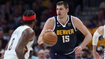 Nikola Jokic #15 of the Denver Nuggets brings the ball down the court against the New Orleans Pelicans in the fourth quarter at Ball Arena on January 31, 2023 in Denver, Colorado.