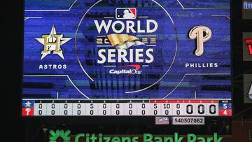 Nov 2, 2022; Philadelphia, Pennsylvania, USA; A general view of the scoreboard after the Houston Astros threw a combined no-hitter and defeated the Philadelphia Phillies in game four of the 2022 World Series at Citizens Bank Park. Mandatory Credit: Bill Streicher-USA TODAY Sports