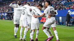 PAMPLONA, SPAIN - FEBRUARY 18: Marco Asensio of Real Madrid celebrates after scoring the team's second goal with teammates during the LaLiga Santander match between CA Osasuna and Real Madrid CF at El Sadar Stadium on February 18, 2023 in Pamplona, Spain.