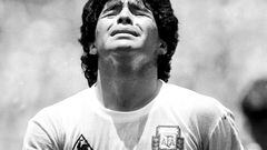 FILE PHOTO: Argentina's Diego Maradona reacts to receiving a yellow card during the World Cup final against Germany in Azteca Stadium in Mexico City on June 29, 1986,  REUTERS/Gary Hershorn/File Photo