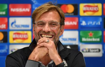 Liverpool manager Jurgen Klopp attends a press conference at Anfield in Liverpool, north west England, on September 12, 2017, on the eve of their Champions League Group E football match against Sevilla. / AFP PHOTO / Anthony DEVLIN
