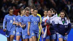 France�s forward #13 Selma Bacha France's forward # Delphine Cascarino (C), France�s forward #18 Marie-Antoinette Katoto (L), France�s forward #13 Selma Bacha (2ndR) France's defender #22 Eve Perisset (R) and teammates celebrate their victory at the end of the UEFA Women's Nations League football match between France and Germany at The Groupama Stadium in Decines-Charpieu, central-eastern France on February 23, 2024. France won 2-1 over Germany. (Photo by FRANCK FIFE / AFP)