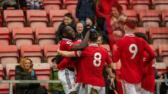 LEIGH, ENGLAND - FEBRUARY 11: Omari Forson of Manchester United U21s celebrates scoring their third goal during the Premier League 2 match between Manchester United U21s and Everton U21s at Leigh Sports Village on February 11, 2023 in Leigh, England. (Photo by Ash Donelon/Manchester United via Getty Images)