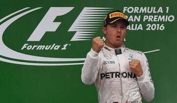 Winner Mercedes AMG Petronas F1 Team's German driver Nico Rosberg celebrates on the podium following the Italian Formula One Grand Prix