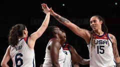 USA&#039;s Brittney Griner (R) and Sue Bird (L) celebrate a point in the women&#039;s semi-final basketball match between USA and Serbia during the Tokyo 2020 Olympic Games at the Saitama Super Arena in Saitama on August 6, 2021. (Photo by Aris MESSINIS /