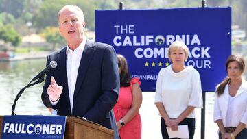 California Recall Election Republican candidate Kevin Faulconer speaks about his women&#039;s empowerment plan at a news conference in Los Angeles, California on August 30, 2021.
