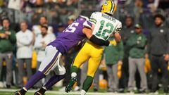 MINNEAPOLIS, MN - OCTOBER 15: Anthony Barr #55 of the Minnesota Vikings hits quarterback Aaron Rodgers #12 of the Green Bay Packers during the first quarter of the game on October 15, 2017 at US Bank Stadium in Minneapolis, Minnesota.   Adam Bettcher/Getty Images/AFP == FOR NEWSPAPERS, INTERNET, TELCOS &amp; TELEVISION USE ONLY ==