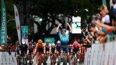 KUALA LUMPUR, MALAYSIA - OCTOBER 11: Gleb Syritsa of Russia and Astana Qazaqstan Team celebrates at finish line as stage winner ahead of Erlend Blikra of Norway and Uno-X Pro Cycling Team and Max Kanter of Germany and Movistar Team during the 26th Le Tour de Langkawi 2022, Stage 1 a 157.3km stage from Kuala Pilah to Kuala Lumpur / #PETRONASLTdL2020 / on October 11, 2022 in Kuala Lumpur, Malaysia. (Photo by Tim de Waele/Getty Images)