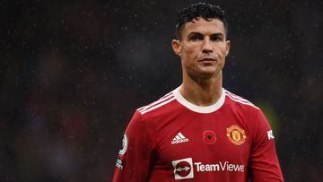 Manchester United&#039;s Portuguese striker Cristiano Ronaldo reacts at the final whistle during the English Premier League football match between Manchester United and Manchester City at Old Trafford in Manchester, north west England, on November 6, 2021