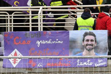 Supporters pay tribute to late Fiorentina's captain Davide Astori with a banner reading "Thanks great Captain, we miss you" on March 11, 2018 during the Italian Serie A football match Fiorentina vs Benevento at the Artemio Franchi stadium in Florence. 
It