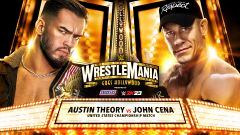 Cartelera de John Cena vs Austin Theory en Wrestlemania 39.