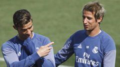 Cristiano Ronaldo y Coentrao en un entrenamiento del Real Madrid.