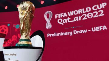 Zurich (Switzerland), 07/12/2020.- A handout photo made available by FIFA of the World Cup Trophy during the European qualifying draw for the FIFA World Cup Qatar 2022 in Zurich, Switzerland, 07 December 2020. (Mundial de F&uacute;tbol, Suiza, Catar) EFE/