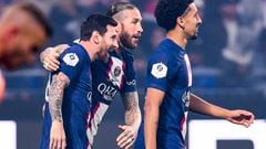 05 MARQUINHOS (psg) - 04 Sergio RAMOS (psg) - 30 Lionel Leo MESSI (psg) during the Ligue 1 Uber Eats match between Lyon and Paris Saint Germain at MATMUT Stadium on September 18, 2022 in Lyon, France. (Photo by Philippe Lecoeur/FEP/Icon Sport via Getty Images) - Photo by Icon sport
