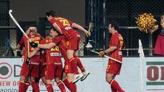 Los jugadores de la selección española masculina de hockey hierba celebran un gol durante un partido del Mundial.