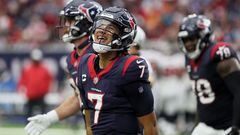 HOUSTON, TEXAS - NOVEMBER 05: C.J. Stroud #7 of the Houston Texans reacts after a two-point conversion in the fourth quarter of a game against the Tampa Bay Buccaneers at NRG Stadium on November 05, 2023 in Houston, Texas.   Bob Levey/Getty Images/AFP (Photo by Bob Levey / GETTY IMAGES NORTH AMERICA / Getty Images via AFP)