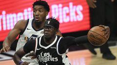 Reggie Jackson #1 of the Los Angeles Clippers drives to the basket against Donovan Mitchell #45 of the Utah Jazz during the second half in Game Six of the Western Conference second-round playoff series at Staples Center on June 18, 2021 in Los Angeles, Ca