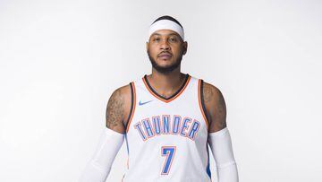 OKLAHOMA CITY, OK - SEPTEMBER 25: Carmelo Anthony #7 of the Oklahoma City Thunder poses for a photo during media day at Chesapeake Energy Arena on September 25, 2017 in Oklahoma City, Oklahoma. NOTE TO USER: User expressly acknowledges and agrees that, by downloading and/or using this photograph, user is consenting to the terms and conditions of the Getty Images License Agreement.   Cooper Neill/Getty Images/AFP == FOR NEWSPAPERS, INTERNET, TELCOS &amp; TELEVISION USE ONLY ==