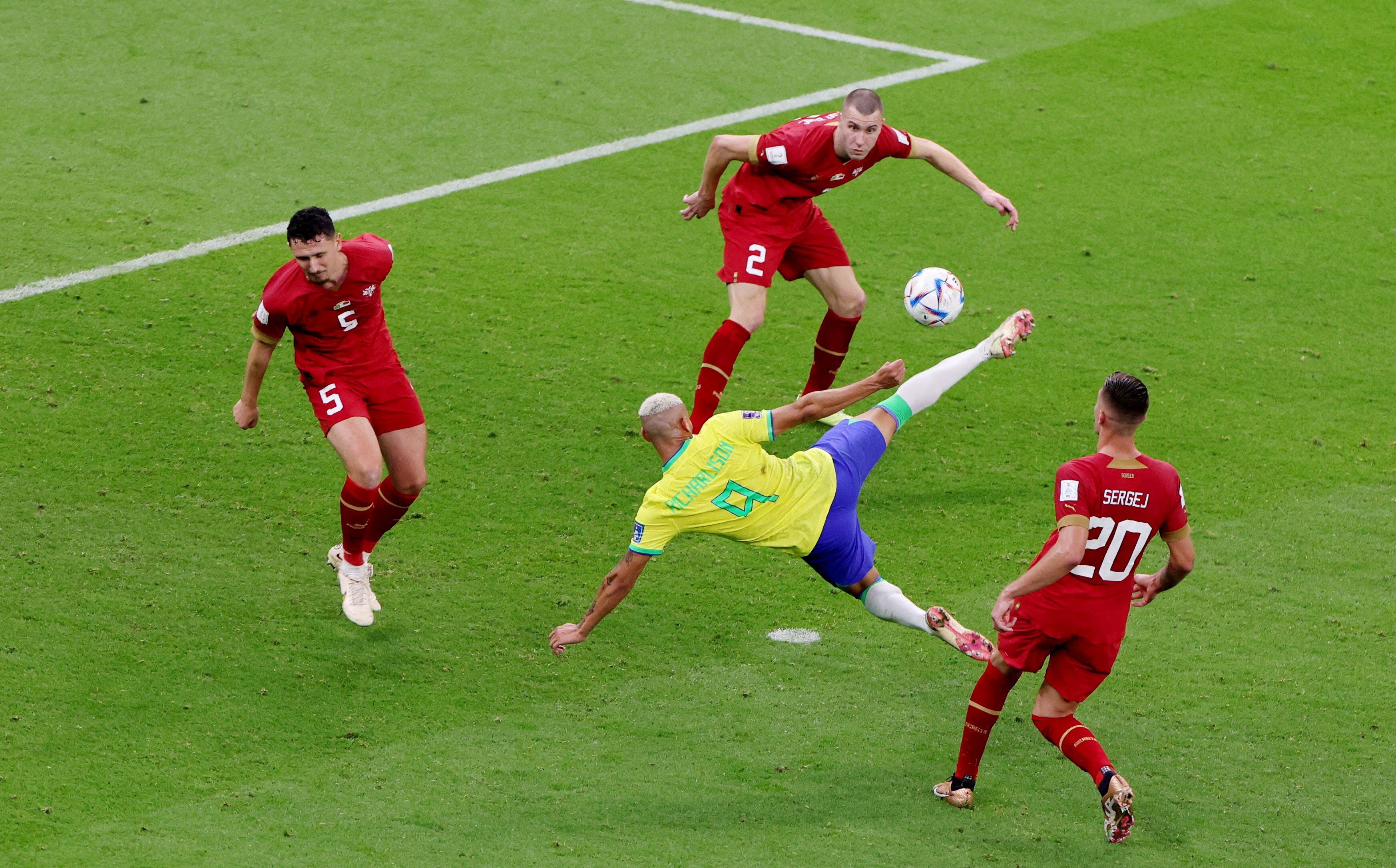 Soccer Football - FIFA World Cup Qatar 2022 - Group G - Brazil v Serbia - Lusail Stadium, Lusail, Qatar - November 24, 2022 Brazil's Richarlison scores their second goal REUTERS/Molly Darlington     TPX IMAGES OF THE DAY