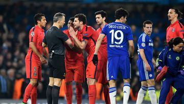 PSG players protest to the referee during their 2015 Champions League game against Chelsea