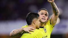 Nov 25, 2023; Orlando, Florida, USA; Columbus Crew forward Christian Ramirez (17) celebrates scoring a goal against Orlando City with forward Cucho Hernández (9) during the first half of extra time in a MLS Cup Eastern Conference Semifinal match at Exploria Stadium. Mandatory Credit: Nathan Ray Seebeck-USA TODAY Sports