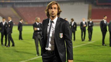 Italy national football team midfielder Andrea Pirlo walks down the pitch of the Marakana stadium in Belgrade on October 6, 2011 a day ahead of their Euro 2012 group C qualifying football match against Serbia.   AFP PHOTO / ANDREJ ISAKOVIC