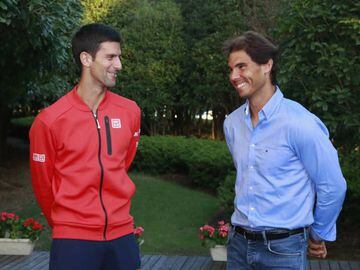 Djokovic and Nadal at the sponsors party, Qi Zhong Tennis Centre in Shanghai today.