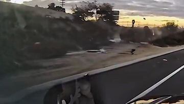 A terrifying video caught on another vehicle’s dashcam shows a car colliding into a concrete gutter and flipping several times on the highway in Perth.