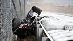 Alfa Romeo Chinese driver Zhou Guanyu is seen in the crash barriers during an incident at the star during the Formula One British Grand Prix at the Silverstone motor racing circuit in Silverstone, central England on July 3, 2022. (Photo by Ben Stansall / AFP) (Photo by BEN STANSALL/AFP via Getty Images)