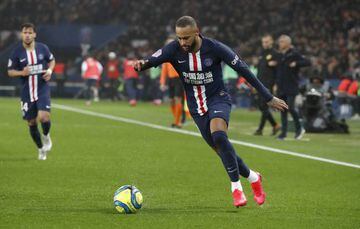 French soccer League One match PSG vs Bordeaux in Parc des Princes Stadium. PSG won 4-3. PSG's (blue shirt) Neymar. PSG's players were wearing a new logo on their shirts again the COVID-19 "Stay strong China". (Henri Szwarc/Contacto)    24/02/2020 ONLY FO