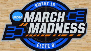 GREENVILLE, SOUTH CAROLINA - MARCH 24: A view of the March Madness logo at center court before the game between the Miami Hurricanes and the Villanova Wildcats in the Sweet 16 round of the NCAA Women's Basketball Tournament at Bon Secours Wellness Arena on March 24, 2023 in Greenville, South Carolina.   Kevin C. Cox/Getty Images/AFP (Photo by Kevin C. Cox / GETTY IMAGES NORTH AMERICA / Getty Images via AFP)