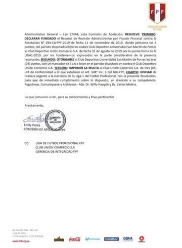 Esta es la carta de la Comisión de Justicia de la FPF en la que se resuelve quitar tres puntos a Unión Comercio y otorgárselos a la Universidad San Martín.
