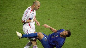 French midfielder Zinedine Zidane gesturing after head-butting Italian defender Marco Materazzi