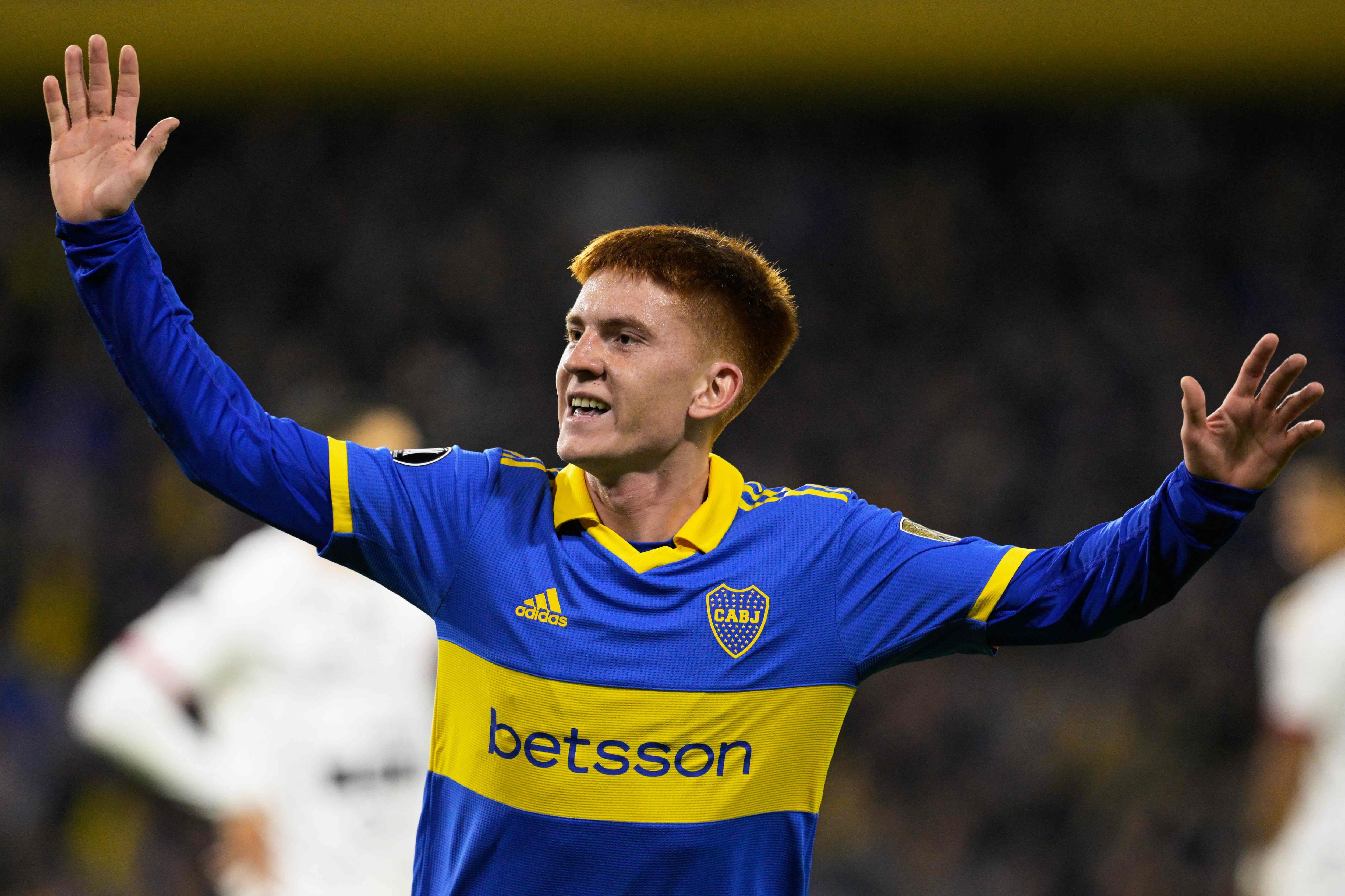 Boca Juniors' defender Valentin Barco celebrates after scoring during the Copa Libertadores group stage second leg football match between Argentina's Boca Juniors and Venezuela's Monagas at La Bombonera stadium in Buenos Aires on June 29, 2023. (Photo by JUAN MABROMATA / AFP)