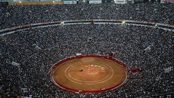 View of the Monumental Plaza de Toros Mexico taken during a bullfight in Mexico City on January 28, 2024. Bullfighting resumed on Sunday in Mexico City after the Supreme Court revoked an earlier suspension. (Photo by CARL DE SOUZA / AFP)