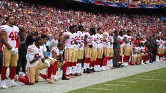 Oct 15, 2017; Landover, MD, USA; Multiple San Francisco 49ers players take a knee during there national anthem prior to their game against the Washington Redskins at FedEx Field. Mandatory Credit: Geoff Burke-USA TODAY Sports