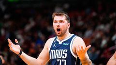 Apr 1, 2023; Miami, Florida, USA; Dallas Mavericks guard Luka Doncic (77) reacts to referees decision during a game against the Miami Heat at Miami-Dade Arena. Mandatory Credit: Rich Storry-USA TODAY Sports