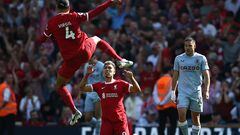 Liverpool (United Kingdom), 17/05/2023.- Virgil van Dijk of Liverpool (L) and Roberto Firmino of Liverpool (C) celebrate the 1-1 goal during the English Premier League match between Liverpool FC and Aston Villa in Liverpool, Britain, 20 May 2023. (Reino Unido) EFE/EPA/ADAM VAUGHAN EDITORIAL USE ONLY. No use with unauthorized audio, video, data, fixture lists, club/league logos or 'live' services. Online in-match use limited to 120 images, no video emulation. No use in betting, games or single club/league/player publications.
