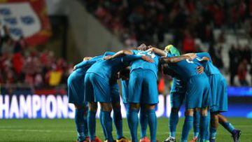 Zenit players gather ahead of a Champions League Round of 16 first leg soccer match between Benfica and Zenit at Benfica's Luz stadium in Lisbon, Portugal, Tuesday, Feb. 16, 2016.