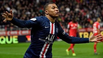 Paris Saint-Germain&#039;s French forward Kylian Mbappe celebrates after scoring a goal during the French L1 football match between Dijon Football Cote-d&#039;Or (DFCO) and Paris Saint-Germain (PSG) on November 1, 2019, at the Gaston Gerard stadium in Dij