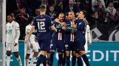Paris Saint-Germain&#039;s players celebrate after scoring a goal during the French Cup semi-final football match between Olympique Lyonnais (OL) and Paris Saint-Germain (PSG) at the Groupama Stadium in Decines-Charpieu, centraleastern France, on March 4,