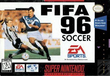 Ronald de Boer y Jason McAteer pelean por el balón en la portada de FIFA 96, en este caso de la versión de Super Nintendo.