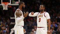 CLEVELAND, OH - NOVEMBER 28: LeBron James #23 of the Cleveland Cavaliers talks with Dwyane Wade #9 while playing the Miami Heat at Quicken Loans Arena on November 28, 2017 in Cleveland, Ohio. Cleveland won the game 108-97. NOTE TO USER: User expressly acknowledges and agrees that, by downloading and or using this photograph, User is consenting to the terms and conditions of the Getty Images License Agreement.   Gregory Shamus/Getty Images/AFP == FOR NEWSPAPERS, INTERNET, TELCOS &amp; TELEVISION USE ONLY ==