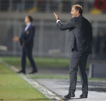 Albania's coach Giovanni De Biasi gestures during the World Cup 2018 qualifier football match Albania vs Spain in Loro Borici stadium in the city of Shkoder on October 9, 2016. / AFP PHOTO / GENT SHKULLAKU