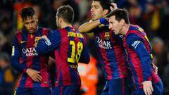 Lionel Messi, Neymar, Alba y Su&aacute;rez celebran en Barcelona. 