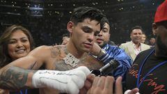 LOS ANGELES, CA - JULY 16: Ryan Garcia celebrates with a glass of wine after he knocked out Javier Fortuna in the fifth round of a Super Lightweights bout at the Crypto.com Arena on July 16, 2022 in Los Angeles, United States.   John McCoy/Getty Images/AFP
== FOR NEWSPAPERS, INTERNET, TELCOS & TELEVISION USE ONLY ==